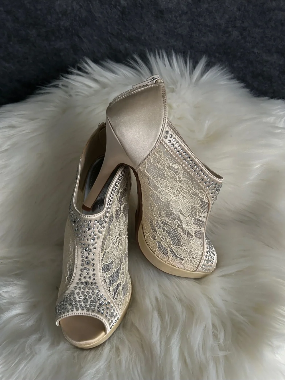Michaelangelo Champagne Lace Peep-Toe Heels with Rhinestones